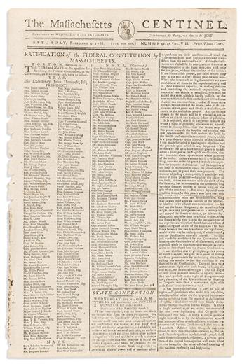 (CONSTITUTION.) Illustrated coverage of the Massachusetts ratification of the Constitution, in an issue of the Columbian Centinel.